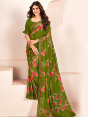 Alluring Green Digital Printed Georgette Office Wear Saree With Blouse