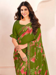 Alluring Green Digital Printed Georgette Office Wear Saree With Blouse