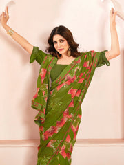 Alluring Green Digital Printed Georgette Office Wear Saree With Blouse
