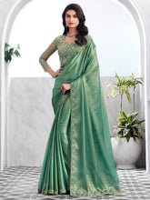 Alluring Green Embroidered Shimmer Silk Bridesmaid Saree With Blouse