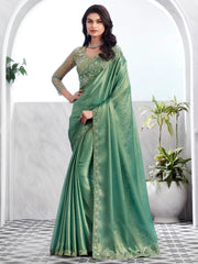 Alluring Green Embroidered Shimmer Silk Bridesmaid Saree With Blouse