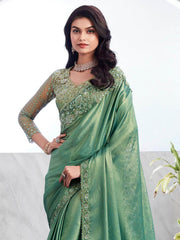 Alluring Green Embroidered Shimmer Silk Bridesmaid Saree With Blouse