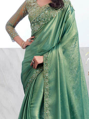 Alluring Green Embroidered Shimmer Silk Bridesmaid Saree With Blouse