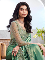 Alluring Green Embroidered Shimmer Silk Bridesmaid Saree With Blouse
