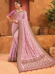 Alluring Pink Mirror Work Banarasi Silk Wedding Wear Saree With Blouse