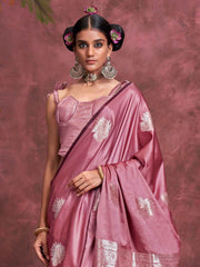 Alluring Pink Zari Weaving Silk Traditional Saree With Blouse