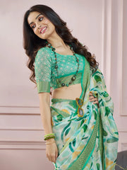 Attractive Green Digital Printed Silk Casual Wear Saree With Blouse