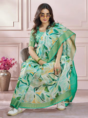 Attractive Green Digital Printed Silk Casual Wear Saree With Blouse