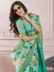 Attractive Green Digital Printed Silk Casual Wear Saree With Blouse