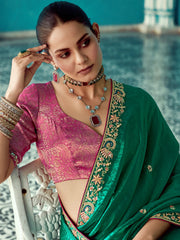 Attractive Green Embroidered Border Tissue Silk Wedding Wear Saree With Blouse