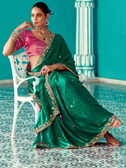 Attractive Green Embroidered Border Tissue Silk Wedding Wear Saree With Blouse