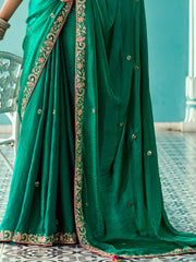 Attractive Green Embroidered Border Tissue Silk Wedding Wear Saree With Blouse
