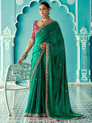 Attractive Green Embroidered Border Tissue Silk Wedding Wear Saree With Blouse