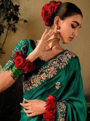 Attractive Green Embroidered Silk Traditional Saree With Blouse