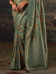 Attractive Green Floral Printed Silk Festive Wear Saree With Blouse