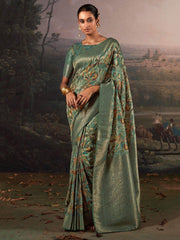 Attractive Green Floral Printed Silk Festive Wear Saree With Blouse