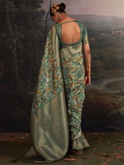 Attractive Green Floral Printed Silk Festive Wear Saree With Blouse