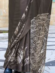 Attractive Grey Digital Printed Satin Festival Wear Saree With Blouse