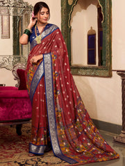 Attractive Maroon Kalamkari Printed Cotton Traditional Saree With Blouse