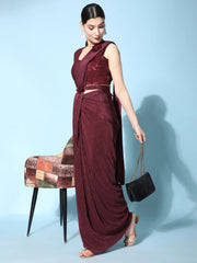 Attractive Maroon Satin Pre-Stitched Party Wear Saree With Blouse