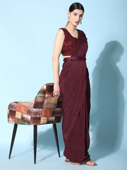 Attractive Maroon Satin Pre-Stitched Party Wear Saree With Blouse