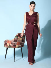 Attractive Maroon Satin Pre-Stitched Party Wear Saree With Blouse