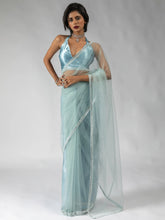 Attractive Sky-Blue Diamond Work Net Festive Wear Pre-Stitched Saree