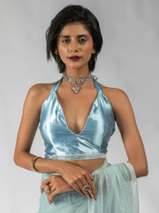 Attractive Sky-Blue Diamond Work Net Festive Wear Pre-Stitched Saree