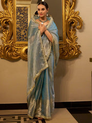 Attractive Sky Blue Zari Weaving Tissue Silk Festival Wear Saree