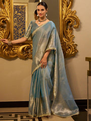 Attractive Sky Blue Zari Weaving Tissue Silk Festival Wear Saree
