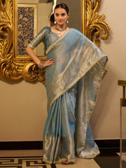 Attractive Sky Blue Zari Weaving Tissue Silk Festival Wear Saree