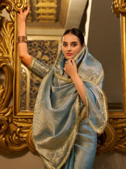Attractive Sky Blue Zari Weaving Tissue Silk Festival Wear Saree