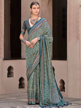 Attractive Teal Blue Printed Silk Function Wear Saree With Blouse