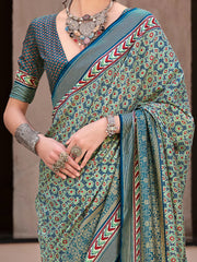 Attractive Teal Blue Printed Silk Function Wear Saree With Blouse