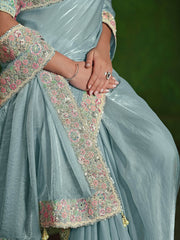 Awesome Sky-Blue Heavy Border Work Satin Wedding Wear Saree
