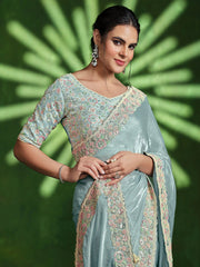 Awesome Sky-Blue Heavy Border Work Satin Wedding Wear Saree
