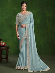 Awesome Sky-Blue Heavy Border Work Satin Wedding Wear Saree
