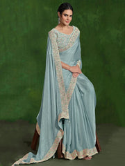 Awesome Sky-Blue Heavy Border Work Satin Wedding Wear Saree