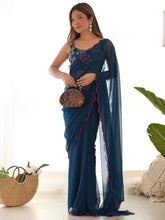 Awesome Teal Blue Lace Work Georgette Cocktail Party Wear Saree