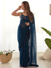 Awesome Teal Blue Lace Work Georgette Cocktail Party Wear Saree