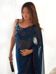 Awesome Teal Blue Lace Work Georgette Cocktail Party Wear Saree