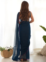 Awesome Teal Blue Lace Work Georgette Cocktail Party Wear Saree