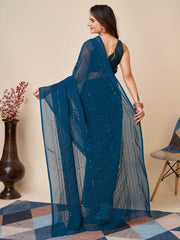 Awesome Teal Blue Sequins Georgette Function Wear Saree With Blouse