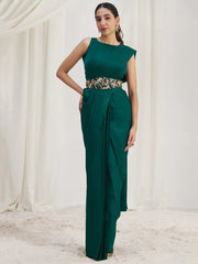 Awesome Teal Green Organza Silk Ready To Wear Saree With Blouse