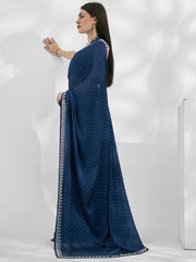 Beautiful Navy Blue Swarovski Work Satin Saree With Blouse