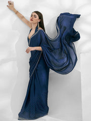 Beautiful Navy Blue Swarovski Work Satin Saree With Blouse