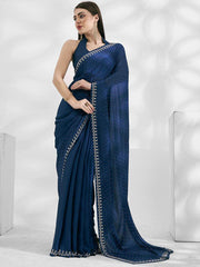 Beautiful Navy Blue Swarovski Work Satin Saree With Blouse