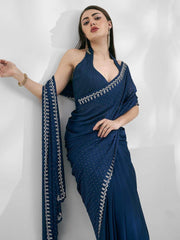 Beautiful Navy Blue Swarovski Work Satin Saree With Blouse