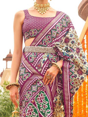 Beautiful Off-White & Purple Patola Printed Silk Events Wear Saree