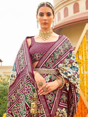 Beautiful Off-White & Purple Patola Printed Silk Events Wear Saree